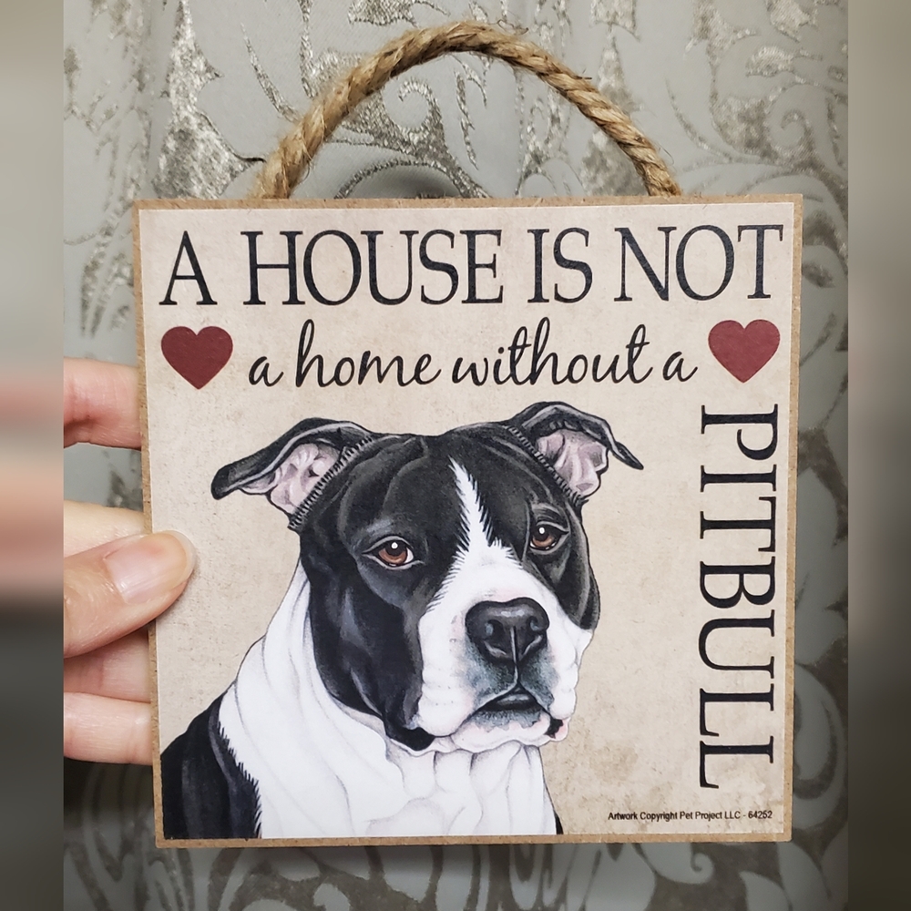 New Black Pitbull Natural Uncropped Ears 5x5 House is Not a Home Sign MDF